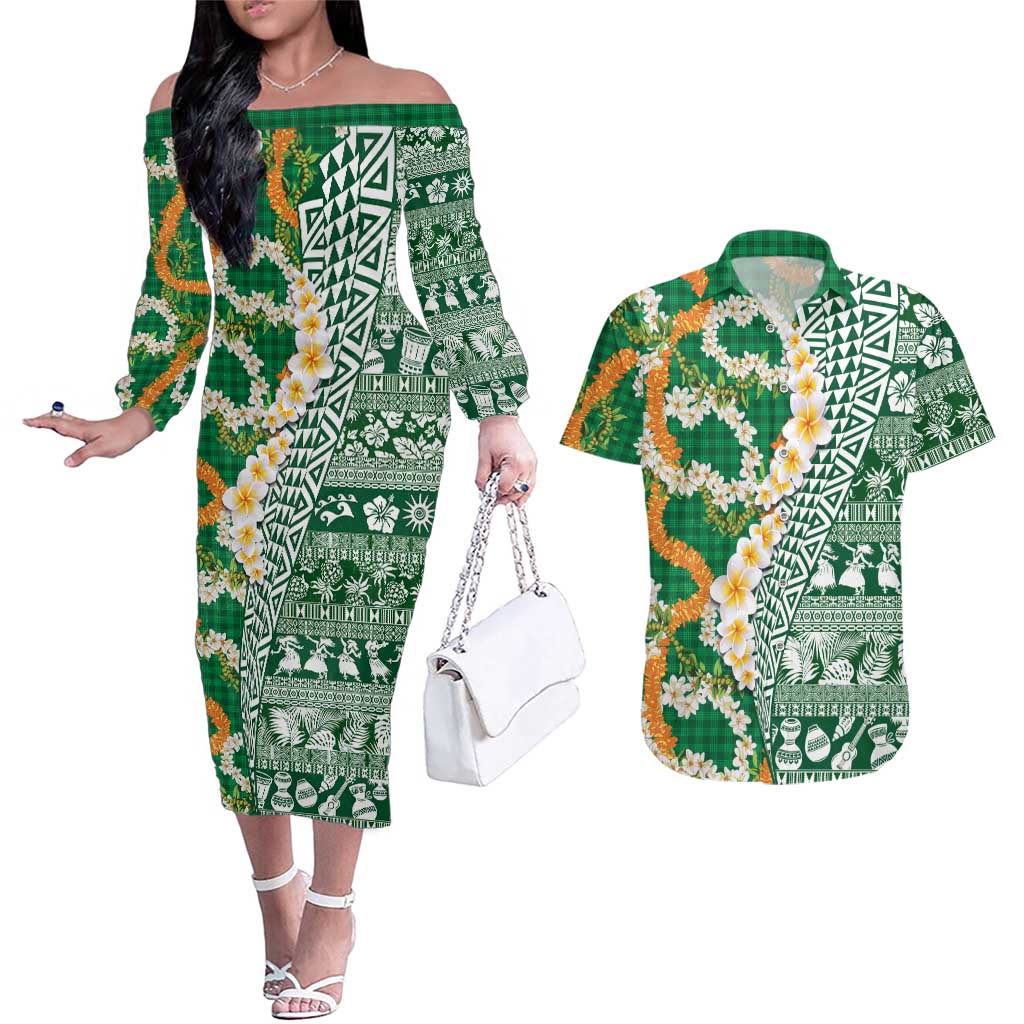 Hawaiian Plumeria Lei Couples Matching Off The Shoulder Long Sleeve Dress and Hawaiian Shirt Kakau Motifs and Palaka Half Style Green Color - Polynesian Pride