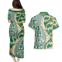 Hawaiian Plumeria Lei Couples Matching Puletasi and Hawaiian Shirt Kakau Motifs and Palaka Half Style Green Color - Polynesian Pride