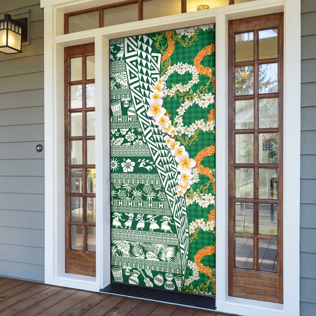 Hawaiian Plumeria Lei Door Cover Kakau Motifs and Palaka Half Style Green Color - Polynesian Pride