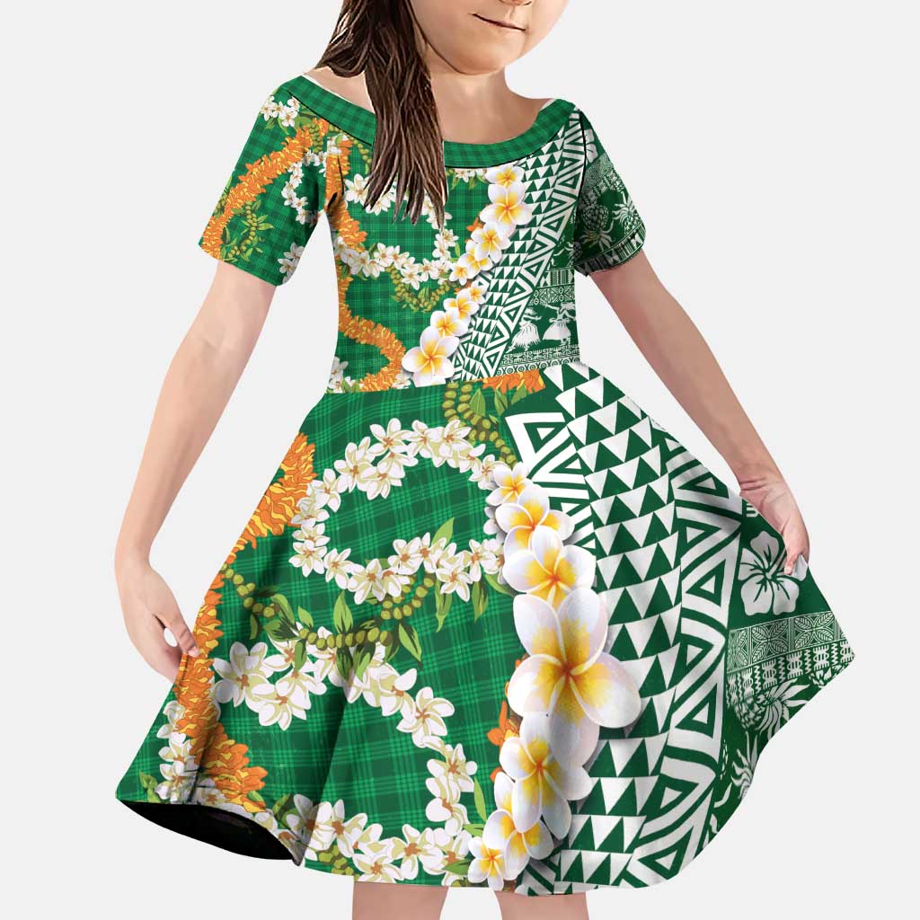 Hawaiian Plumeria Lei Family Matching Mermaid Dress and Hawaiian Shirt Kakau Motifs and Palaka Half Style Green Color LT03 Daughter's Dress Green - Polynesian Pride