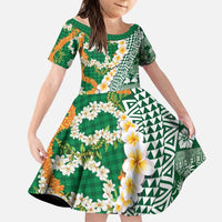 Hawaiian Plumeria Lei Family Matching Mermaid Dress and Hawaiian Shirt Kakau Motifs and Palaka Half Style Green Color LT03 Daughter's Dress Green - Polynesian Pride