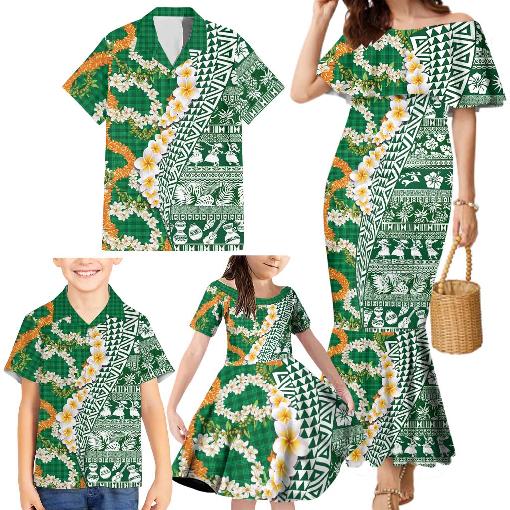 Hawaiian Plumeria Lei Family Matching Mermaid Dress and Hawaiian Shirt Kakau Motifs and Palaka Half Style Green Color LT03 - Polynesian Pride