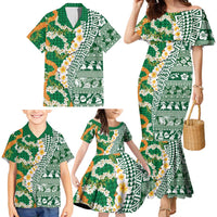 Hawaiian Plumeria Lei Family Matching Mermaid Dress and Hawaiian Shirt Kakau Motifs and Palaka Half Style Green Color LT03 - Polynesian Pride