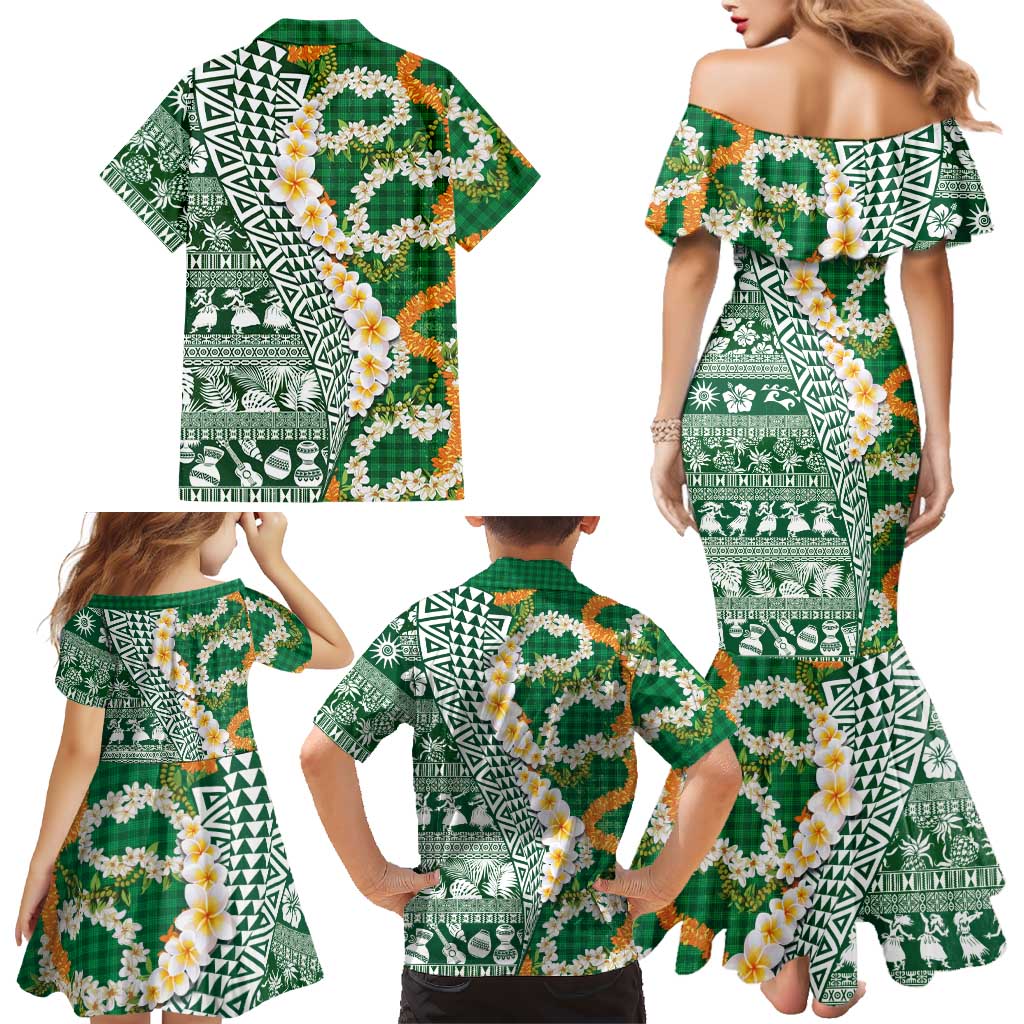 Hawaiian Plumeria Lei Family Matching Mermaid Dress and Hawaiian Shirt Kakau Motifs and Palaka Half Style Green Color LT03 - Polynesian Pride