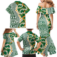 Hawaiian Plumeria Lei Family Matching Mermaid Dress and Hawaiian Shirt Kakau Motifs and Palaka Half Style Green Color LT03 - Polynesian Pride