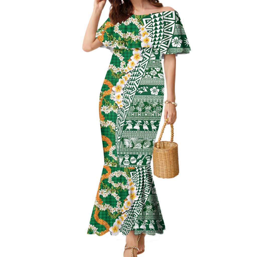 Hawaiian Plumeria Lei Family Matching Mermaid Dress and Hawaiian Shirt Kakau Motifs and Palaka Half Style Green Color LT03 Mom's Dress Green - Polynesian Pride