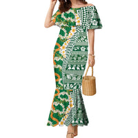 Hawaiian Plumeria Lei Family Matching Mermaid Dress and Hawaiian Shirt Kakau Motifs and Palaka Half Style Green Color LT03 Mom's Dress Green - Polynesian Pride