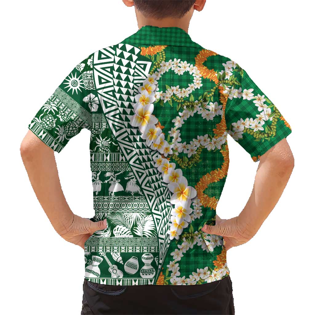 Hawaiian Plumeria Lei Family Matching Off The Shoulder Long Sleeve Dress and Hawaiian Shirt Kakau Motifs and Palaka Half Style Green Color LT03 - Polynesian Pride