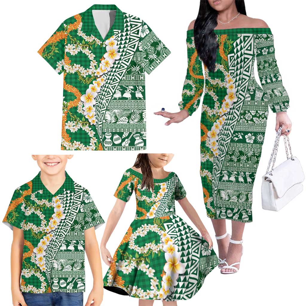 Hawaiian Plumeria Lei Family Matching Off The Shoulder Long Sleeve Dress and Hawaiian Shirt Kakau Motifs and Palaka Half Style Green Color LT03 - Polynesian Pride