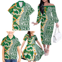 Hawaiian Plumeria Lei Family Matching Off The Shoulder Long Sleeve Dress and Hawaiian Shirt Kakau Motifs and Palaka Half Style Green Color LT03 - Polynesian Pride