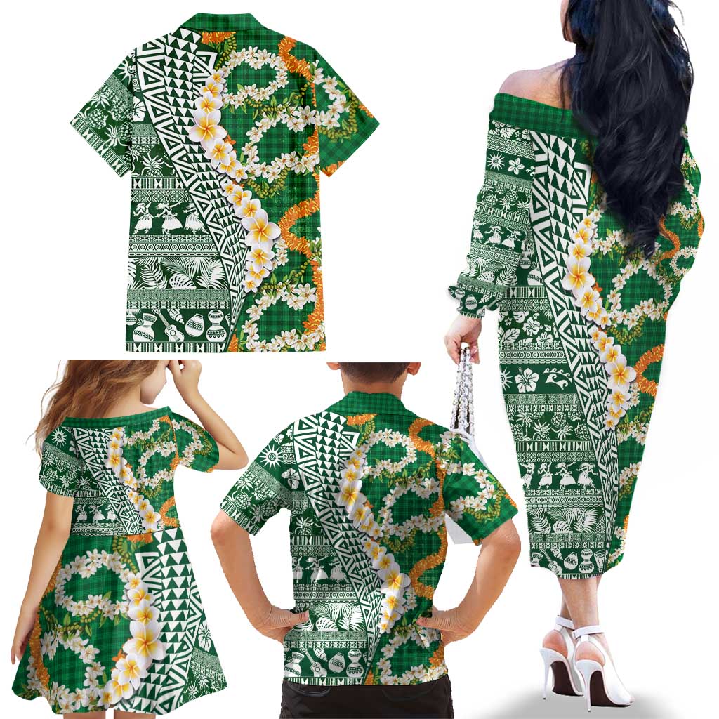 Hawaiian Plumeria Lei Family Matching Off The Shoulder Long Sleeve Dress and Hawaiian Shirt Kakau Motifs and Palaka Half Style Green Color LT03 - Polynesian Pride