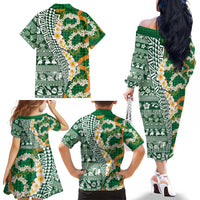 Hawaiian Plumeria Lei Family Matching Off The Shoulder Long Sleeve Dress and Hawaiian Shirt Kakau Motifs and Palaka Half Style Green Color LT03 - Polynesian Pride