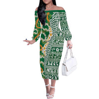 Hawaiian Plumeria Lei Family Matching Off The Shoulder Long Sleeve Dress and Hawaiian Shirt Kakau Motifs and Palaka Half Style Green Color LT03 Mom's Dress Green - Polynesian Pride