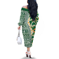 Hawaiian Plumeria Lei Family Matching Off The Shoulder Long Sleeve Dress and Hawaiian Shirt Kakau Motifs and Palaka Half Style Green Color LT03 - Polynesian Pride
