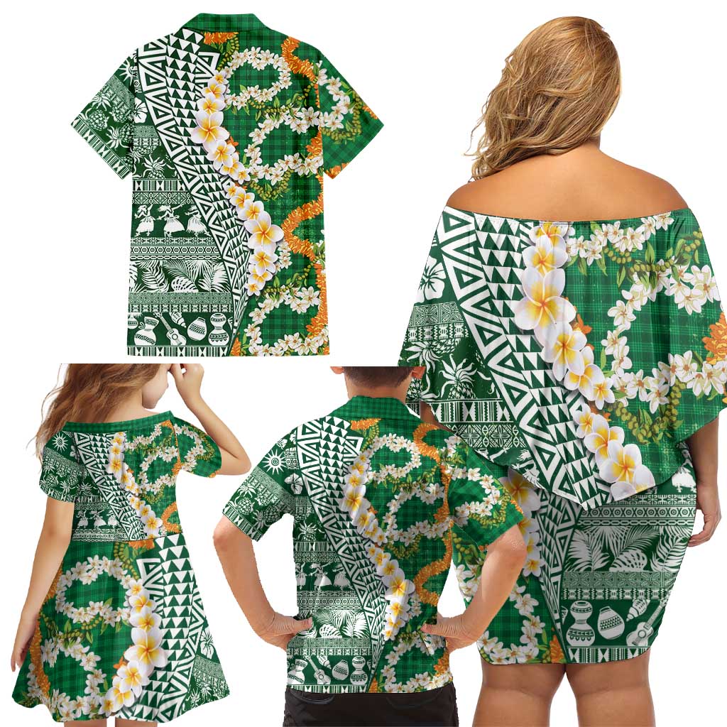 Hawaiian Plumeria Lei Family Matching Off Shoulder Short Dress and Hawaiian Shirt Kakau Motifs and Palaka Half Style Green Color - Polynesian Pride