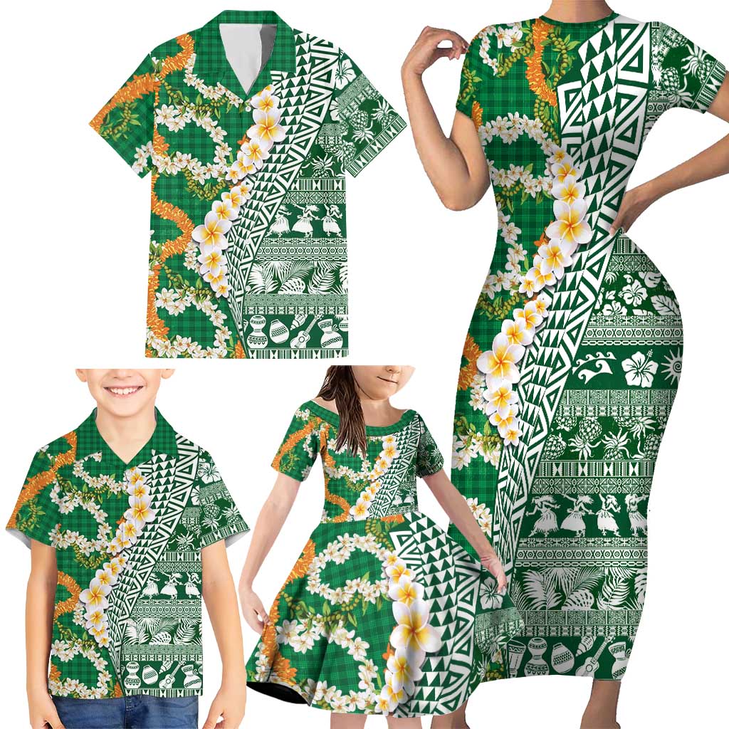 Hawaiian Plumeria Lei Family Matching Short Sleeve Bodycon Dress and Hawaiian Shirt Kakau Motifs and Palaka Half Style Green Color LT03 - Polynesian Pride