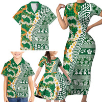 Hawaiian Plumeria Lei Family Matching Short Sleeve Bodycon Dress and Hawaiian Shirt Kakau Motifs and Palaka Half Style Green Color LT03 - Polynesian Pride