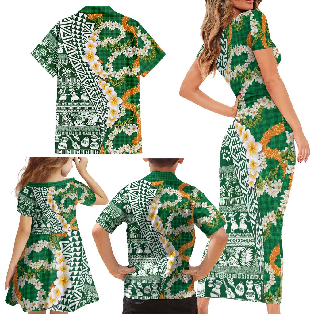Hawaiian Plumeria Lei Family Matching Short Sleeve Bodycon Dress and Hawaiian Shirt Kakau Motifs and Palaka Half Style Green Color LT03 - Polynesian Pride