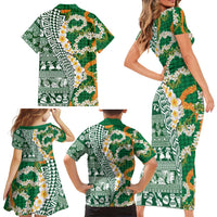 Hawaiian Plumeria Lei Family Matching Short Sleeve Bodycon Dress and Hawaiian Shirt Kakau Motifs and Palaka Half Style Green Color LT03 - Polynesian Pride