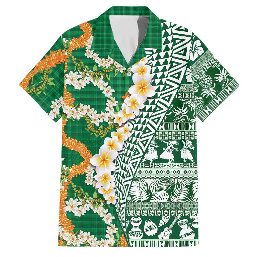 Hawaiian Plumeria Lei Family Matching Short Sleeve Bodycon Dress and Hawaiian Shirt Kakau Motifs and Palaka Half Style Green Color LT03 Dad's Shirt - Short Sleeve Green - Polynesian Pride