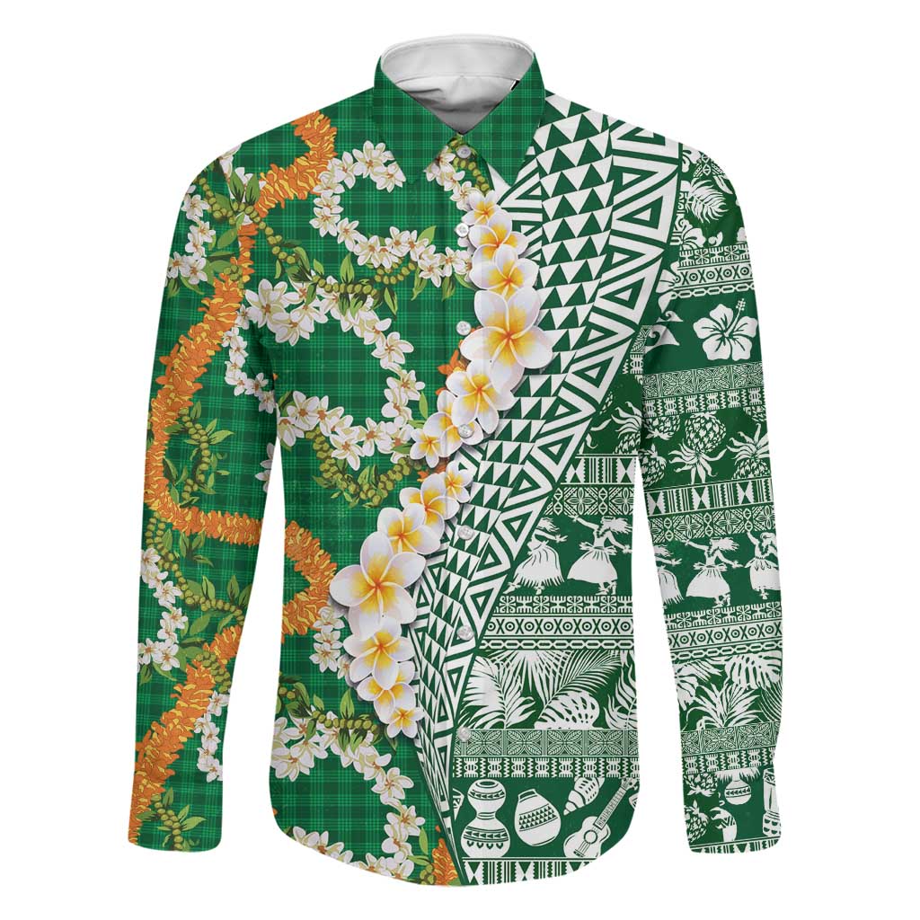 Hawaiian Plumeria Lei Family Matching Short Sleeve Bodycon Dress and Hawaiian Shirt Kakau Motifs and Palaka Half Style Green Color LT03 Dad's Shirt - Long Sleeve Green - Polynesian Pride