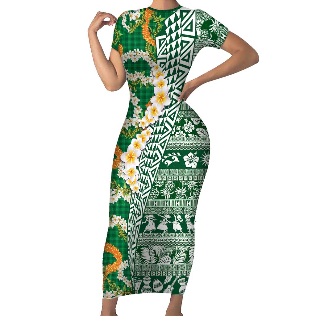 Hawaiian Plumeria Lei Family Matching Short Sleeve Bodycon Dress and Hawaiian Shirt Kakau Motifs and Palaka Half Style Green Color LT03 Mom's Dress Green - Polynesian Pride