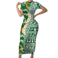 Hawaiian Plumeria Lei Family Matching Short Sleeve Bodycon Dress and Hawaiian Shirt Kakau Motifs and Palaka Half Style Green Color LT03 Mom's Dress Green - Polynesian Pride