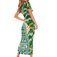 Hawaiian Plumeria Lei Family Matching Short Sleeve Bodycon Dress and Hawaiian Shirt Kakau Motifs and Palaka Half Style Green Color LT03 - Polynesian Pride