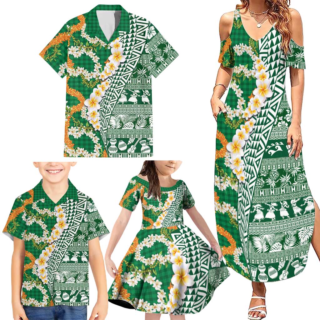 Hawaiian Plumeria Lei Family Matching Summer Maxi Dress and Hawaiian Shirt Kakau Motifs and Palaka Half Style Green Color LT03 - Polynesian Pride