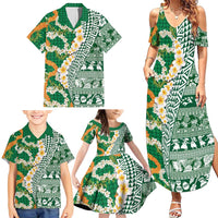 Hawaiian Plumeria Lei Family Matching Summer Maxi Dress and Hawaiian Shirt Kakau Motifs and Palaka Half Style Green Color LT03 - Polynesian Pride