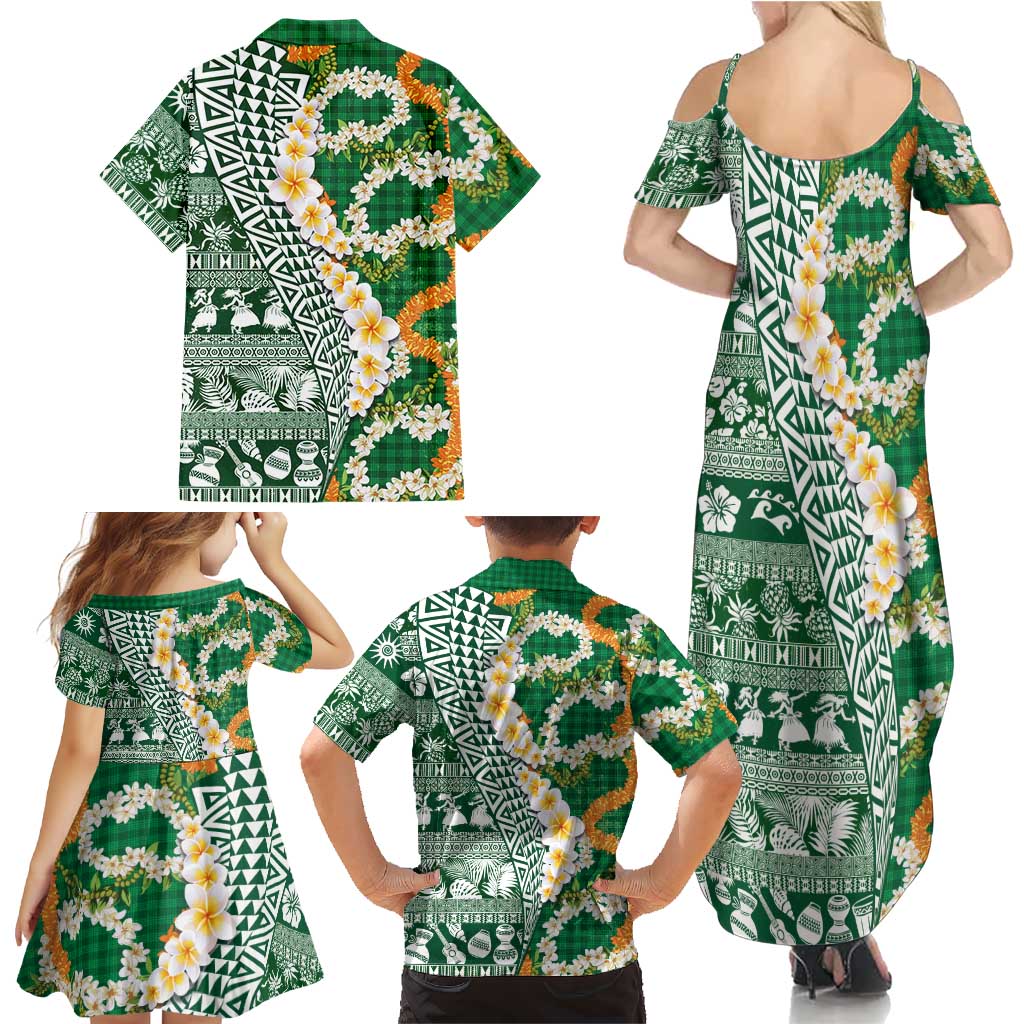 Hawaiian Plumeria Lei Family Matching Summer Maxi Dress and Hawaiian Shirt Kakau Motifs and Palaka Half Style Green Color LT03 - Polynesian Pride