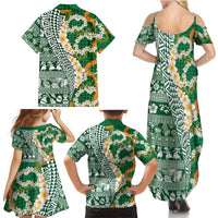 Hawaiian Plumeria Lei Family Matching Summer Maxi Dress and Hawaiian Shirt Kakau Motifs and Palaka Half Style Green Color LT03 - Polynesian Pride