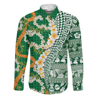 Hawaiian Plumeria Lei Family Matching Summer Maxi Dress and Hawaiian Shirt Kakau Motifs and Palaka Half Style Green Color LT03 Dad's Shirt - Long Sleeve Green - Polynesian Pride
