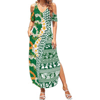 Hawaiian Plumeria Lei Family Matching Summer Maxi Dress and Hawaiian Shirt Kakau Motifs and Palaka Half Style Green Color LT03 Mom's Dress Green - Polynesian Pride