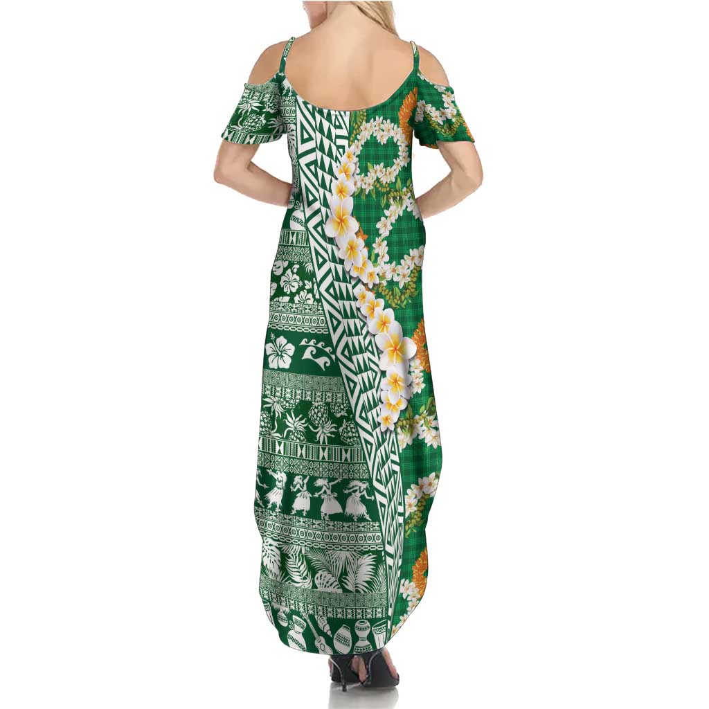 Hawaiian Plumeria Lei Family Matching Summer Maxi Dress and Hawaiian Shirt Kakau Motifs and Palaka Half Style Green Color LT03 - Polynesian Pride