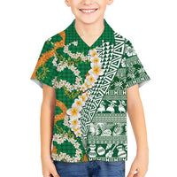 Hawaiian Plumeria Lei Family Matching Summer Maxi Dress and Hawaiian Shirt Kakau Motifs and Palaka Half Style Green Color LT03 Son's Shirt Green - Polynesian Pride