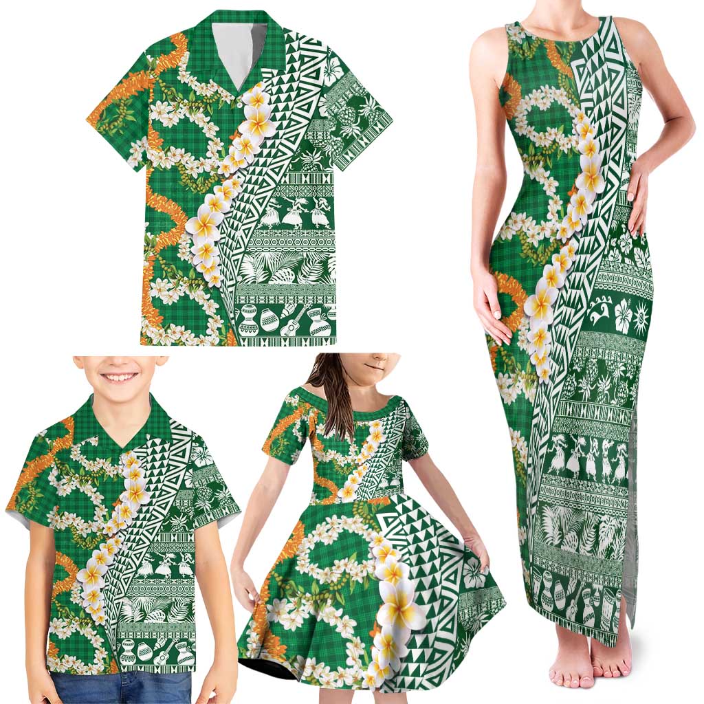 Hawaiian Plumeria Lei Family Matching Tank Maxi Dress and Hawaiian Shirt Kakau Motifs and Palaka Half Style Green Color - Polynesian Pride