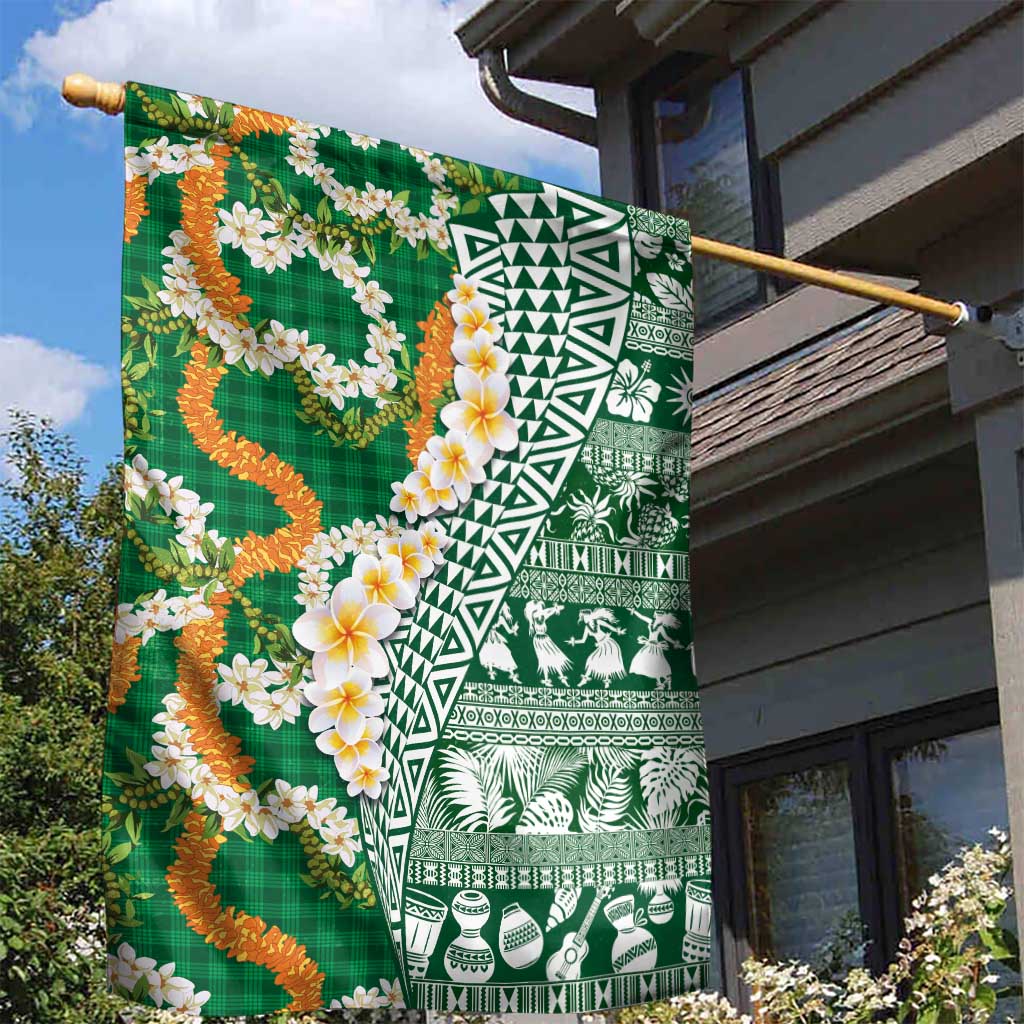 Hawaiian Plumeria Lei Garden Flag Kakau Motifs and Palaka Half Style Green Color LT03 - Polynesian Pride