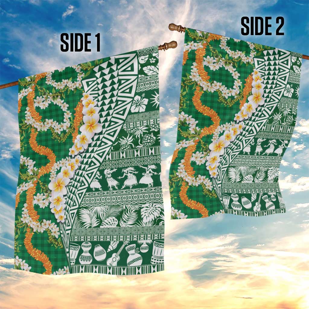 Hawaiian Plumeria Lei Garden Flag Kakau Motifs and Palaka Half Style Green Color LT03 - Polynesian Pride