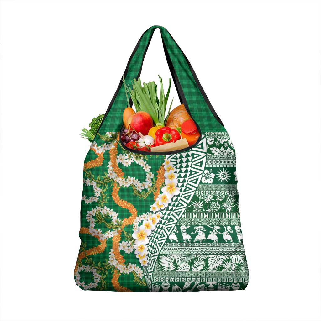Hawaiian Plumeria Lei Grocery Bag Kakau Motifs and Palaka Half Style Green Color LT03 1-pack One Size Green - Polynesian Pride