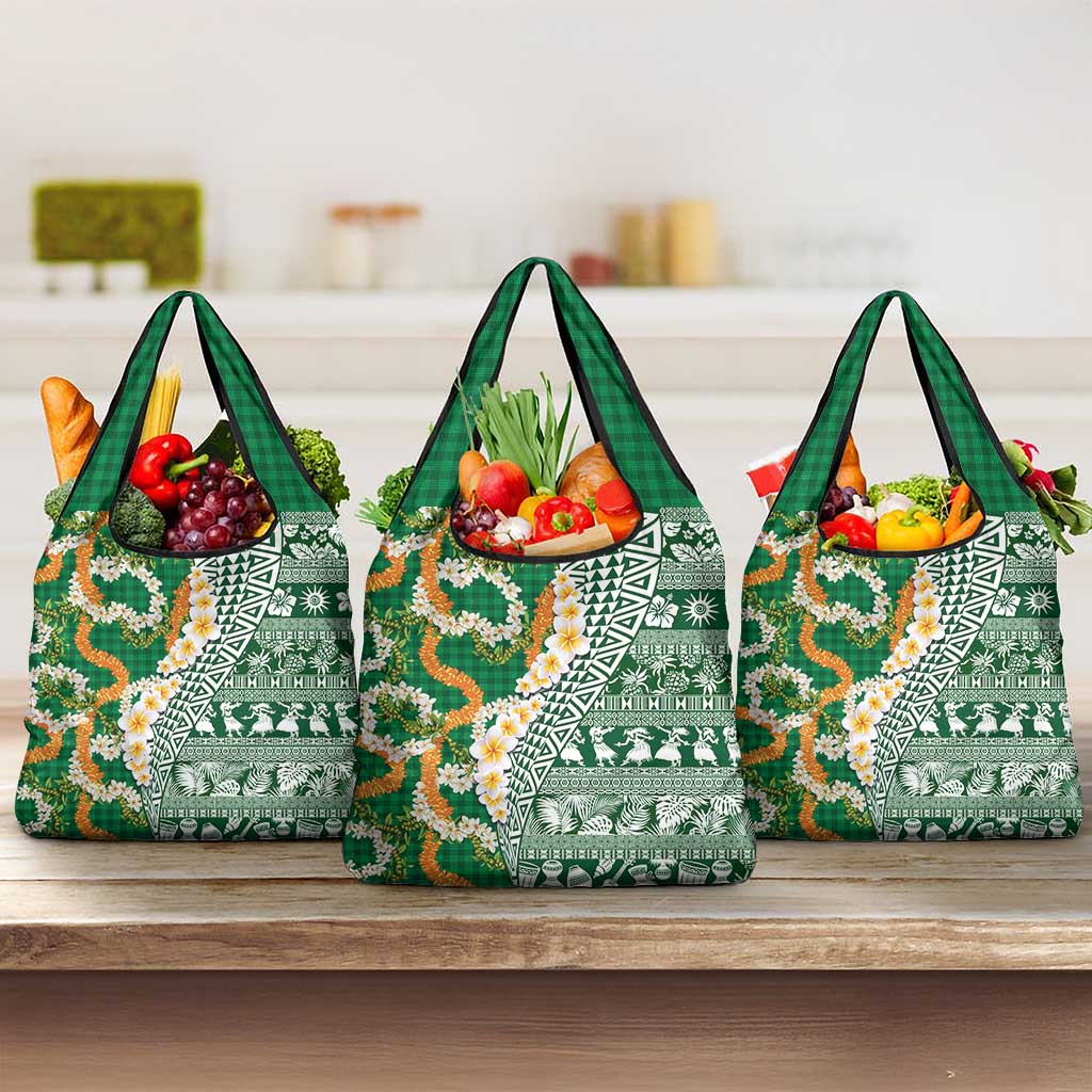 Hawaiian Plumeria Lei Grocery Bag Kakau Motifs and Palaka Half Style Green Color LT03 3-pack One Size Green - Polynesian Pride