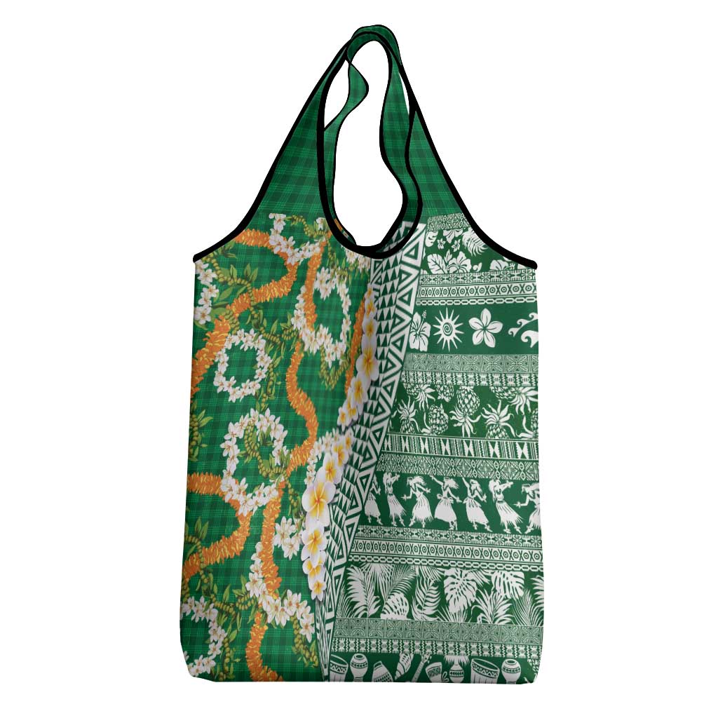 Hawaiian Plumeria Lei Grocery Bag Kakau Motifs and Palaka Half Style Green Color LT03 - Polynesian Pride