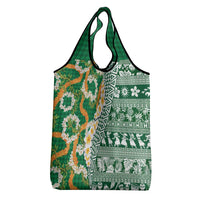 Hawaiian Plumeria Lei Grocery Bag Kakau Motifs and Palaka Half Style Green Color LT03 - Polynesian Pride