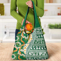 Hawaiian Plumeria Lei Grocery Bag Kakau Motifs and Palaka Half Style Green Color LT03 - Polynesian Pride