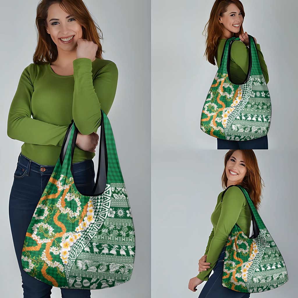 Hawaiian Plumeria Lei Grocery Bag Kakau Motifs and Palaka Half Style Green Color LT03 - Polynesian Pride