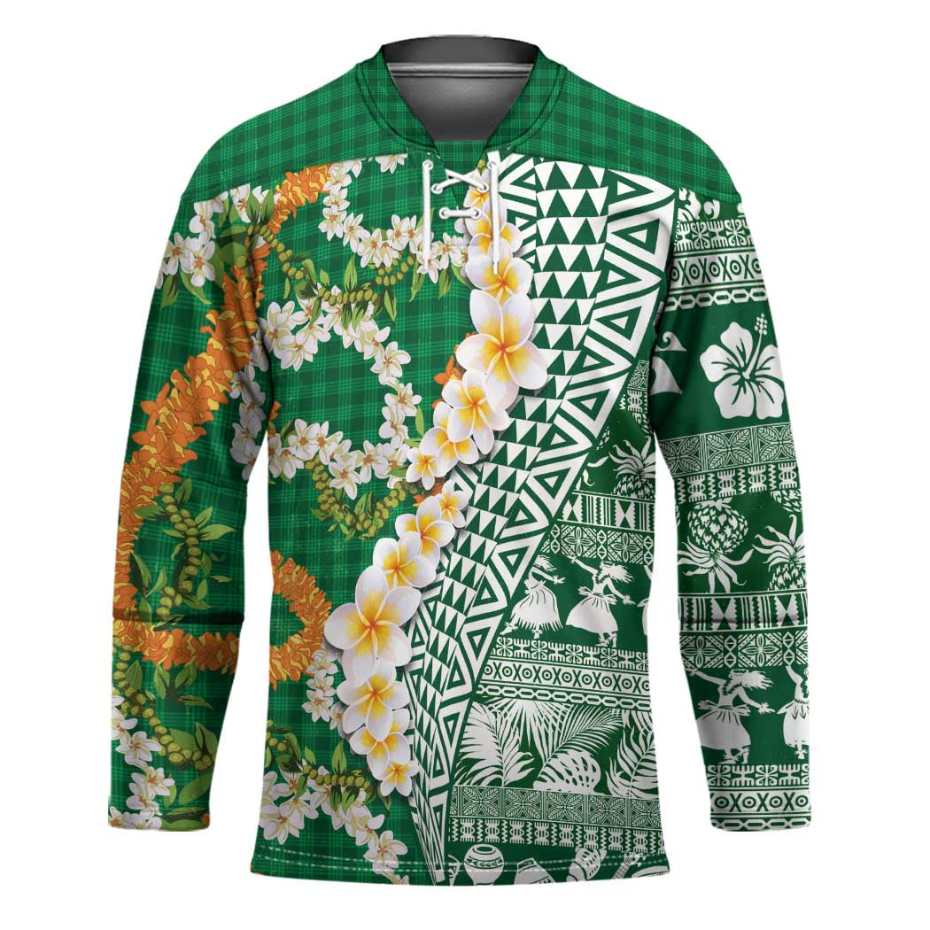 Hawaiian Plumeria Lei Hockey Jersey Kakau Motifs and Palaka Half Style Green Color - Polynesian Pride