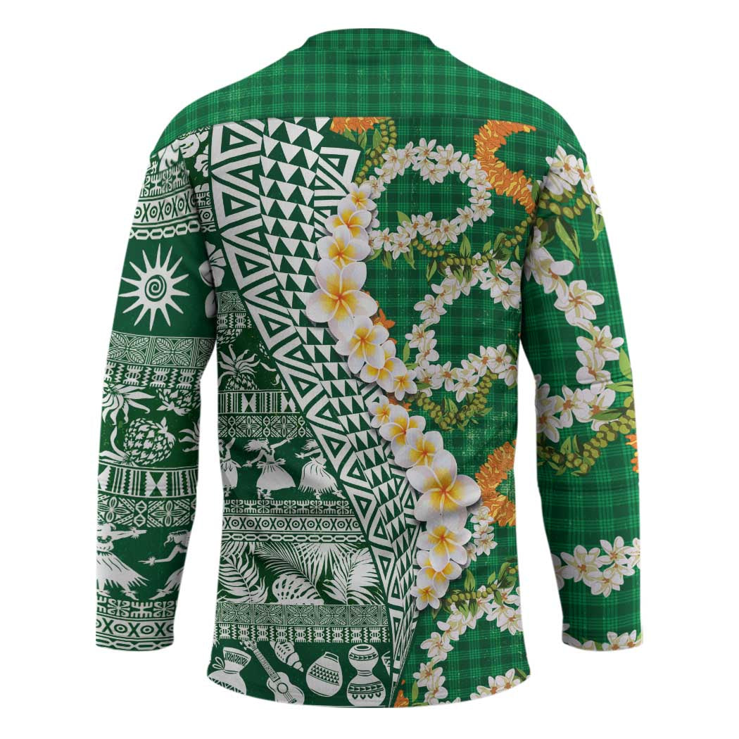 Hawaiian Plumeria Lei Hockey Jersey Kakau Motifs and Palaka Half Style Green Color - Polynesian Pride
