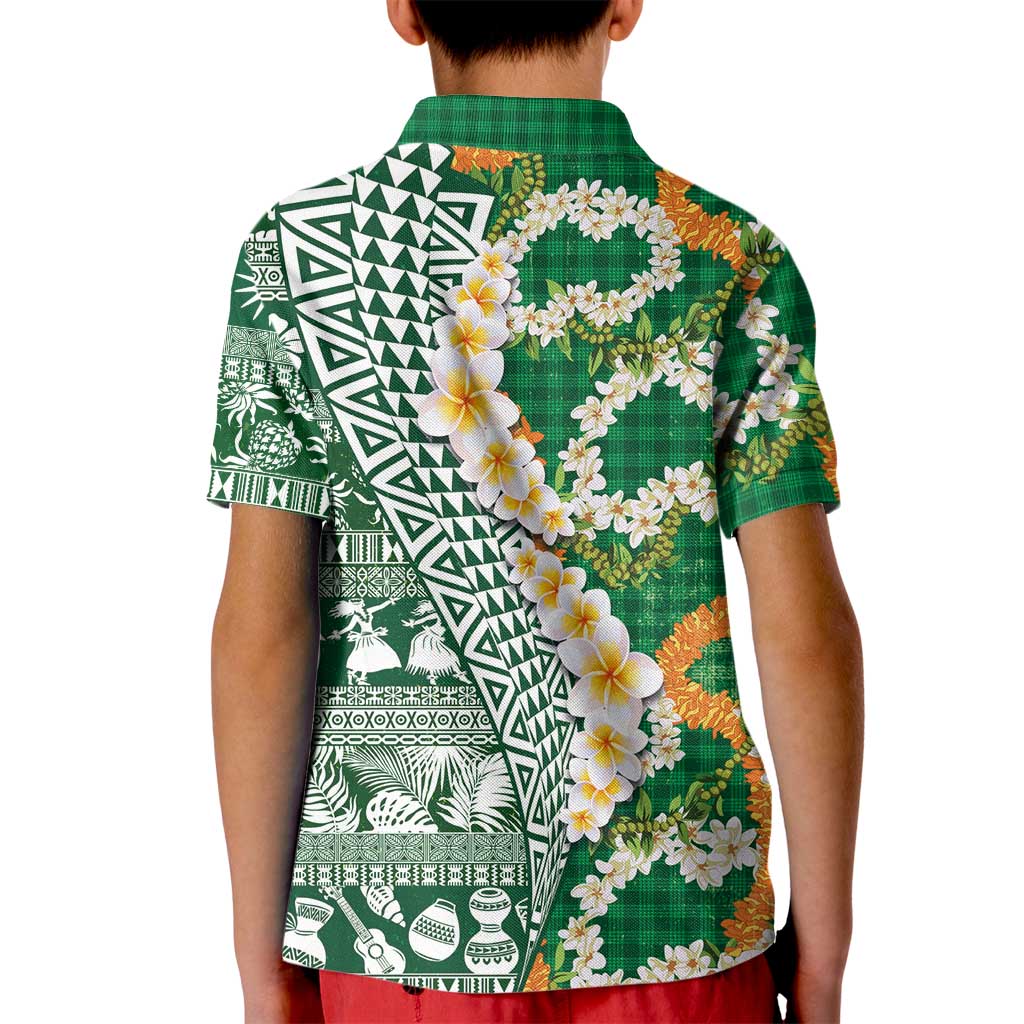 Hawaiian Plumeria Lei Kid Polo Shirt Kakau Motifs and Palaka Half Style Green Color - Polynesian Pride