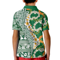Hawaiian Plumeria Lei Kid Polo Shirt Kakau Motifs and Palaka Half Style Green Color - Polynesian Pride