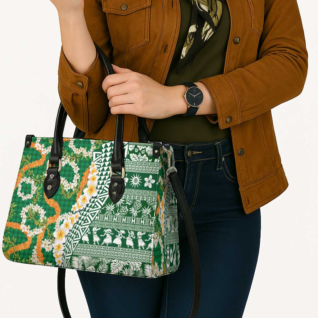 Hawaiian Plumeria Lei Leather Bag Kakau Motifs and Palaka Half Style Green Color - Polynesian Pride
